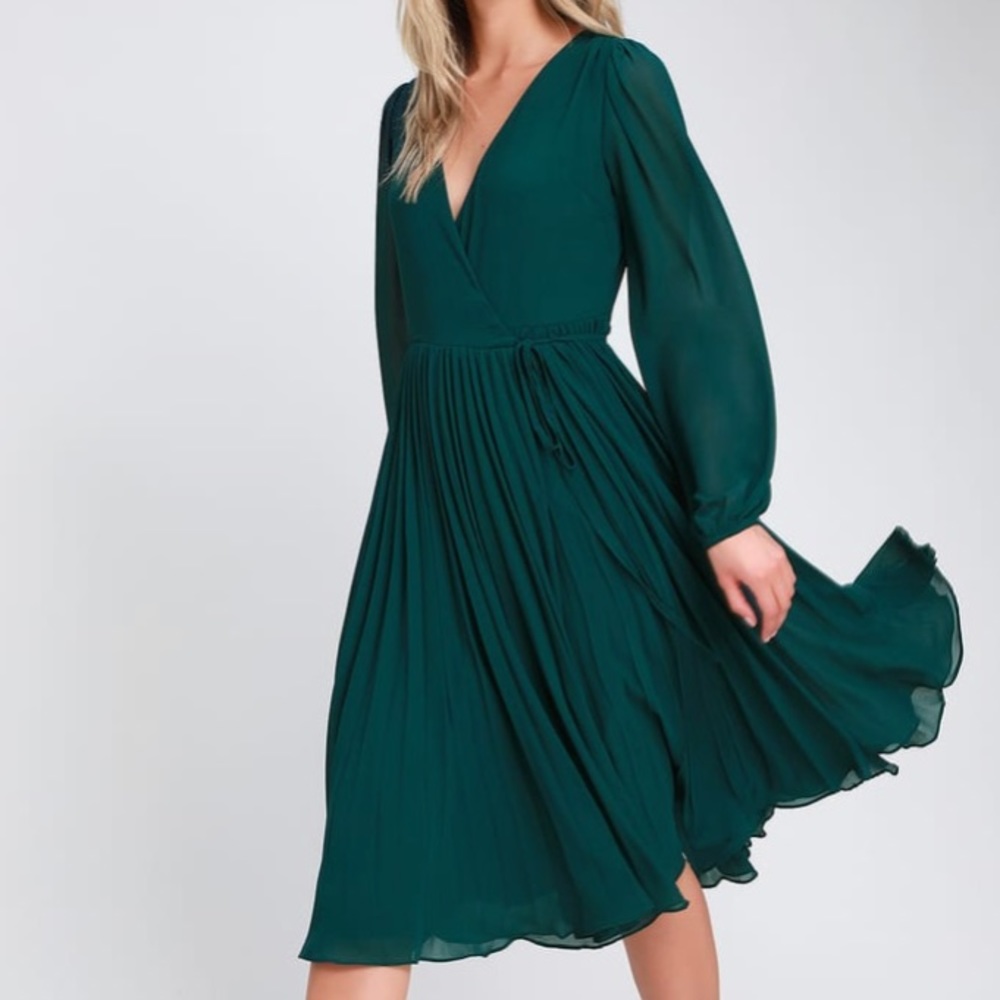 Dark Green Lulus Pleated Midi Wrap Dress
